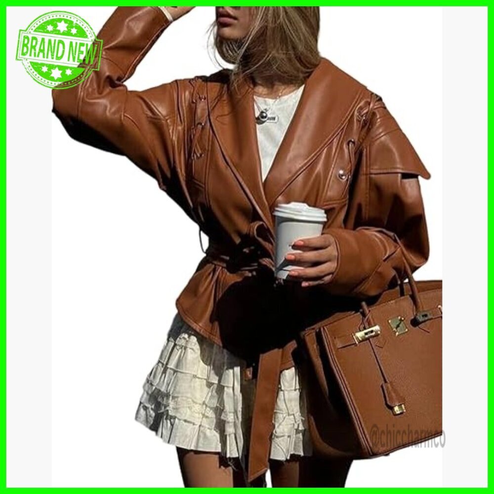 Faux Leather Oversized Motorcycle Jacket with Belted Waist and Lace Up